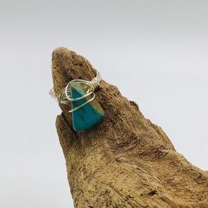 New Ring Wire Wrapped Synthetic Turquoise Stone Triangle Boho SilverTone…